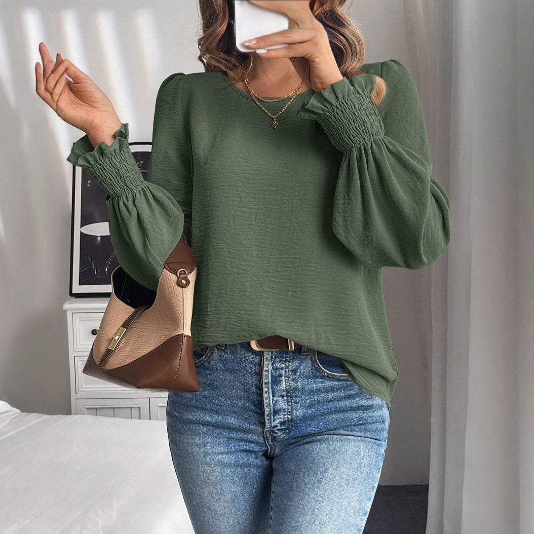 Casual Round Neck Solid Color Lantern Sleeve Shirt For Women