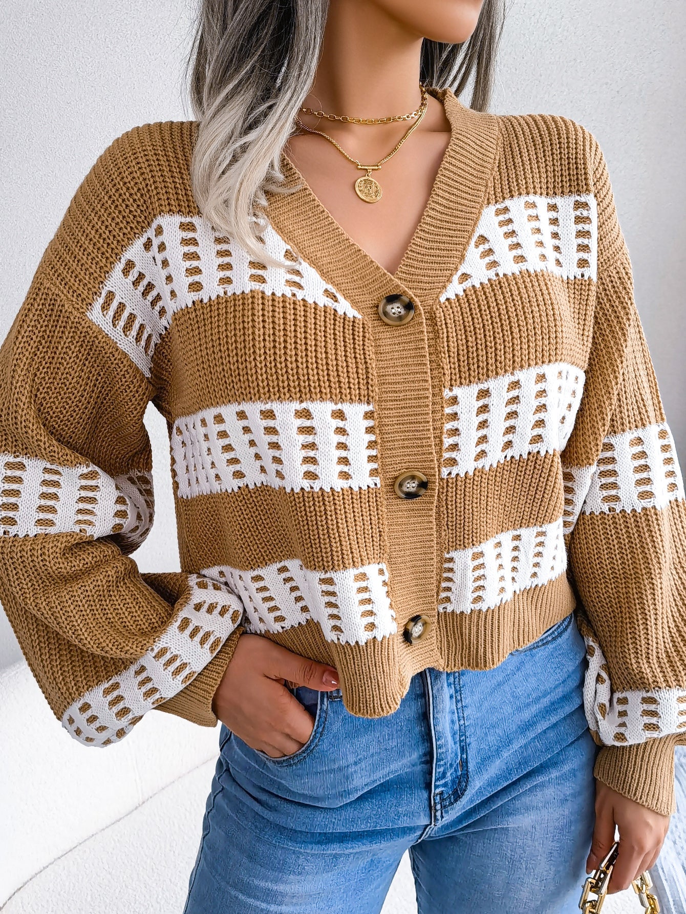 Women Designer Color Block Lantern Sleeve Cardigan Sweater Coat