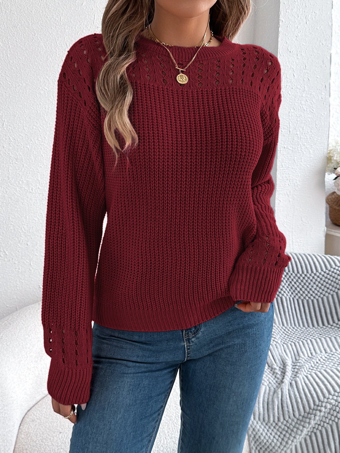 Women Casual Solid Color Hollow Out Lantern Sleeve Pullover Sweater