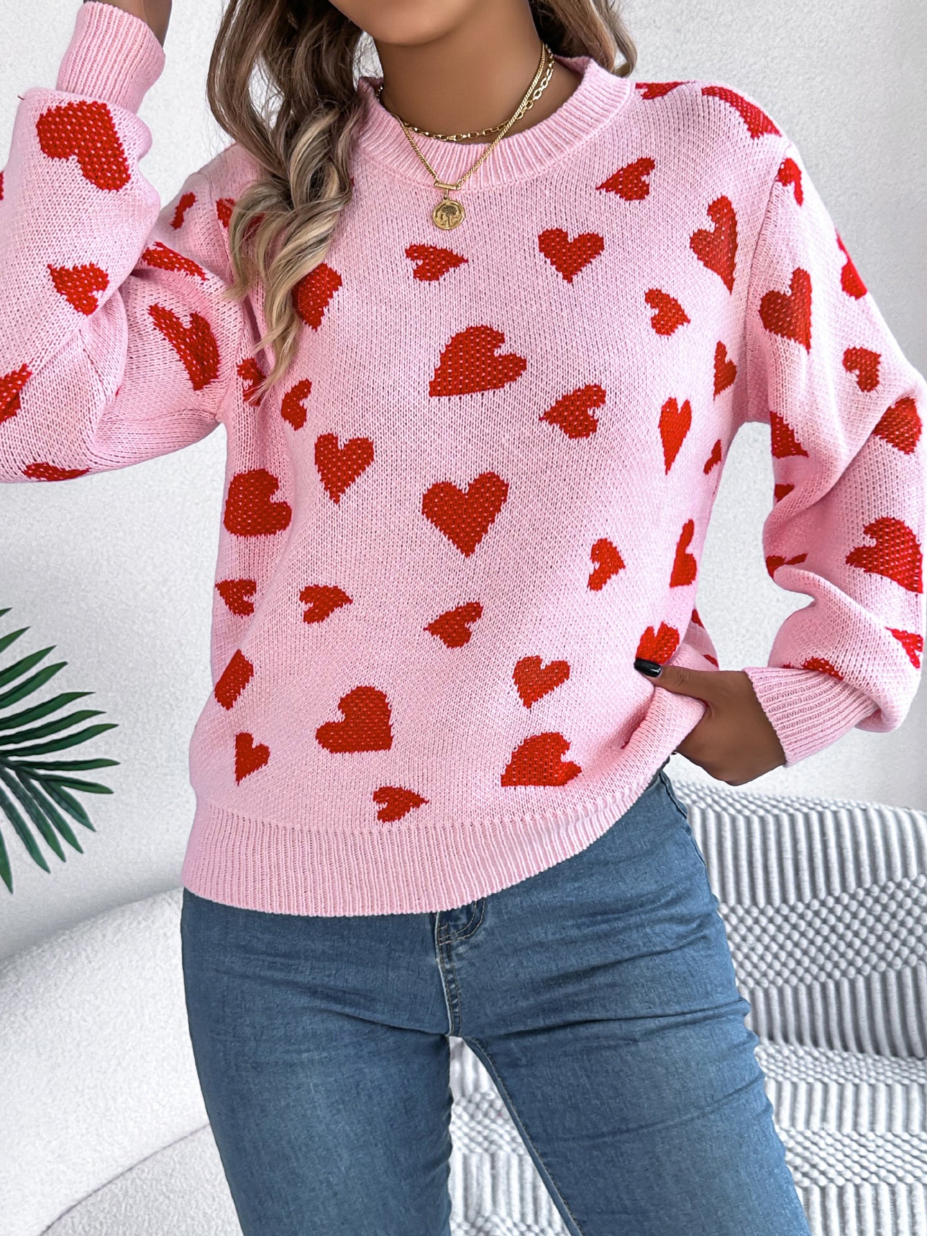 Women Casual Color Block Heart Lantern Sleeve Pullover Sweater