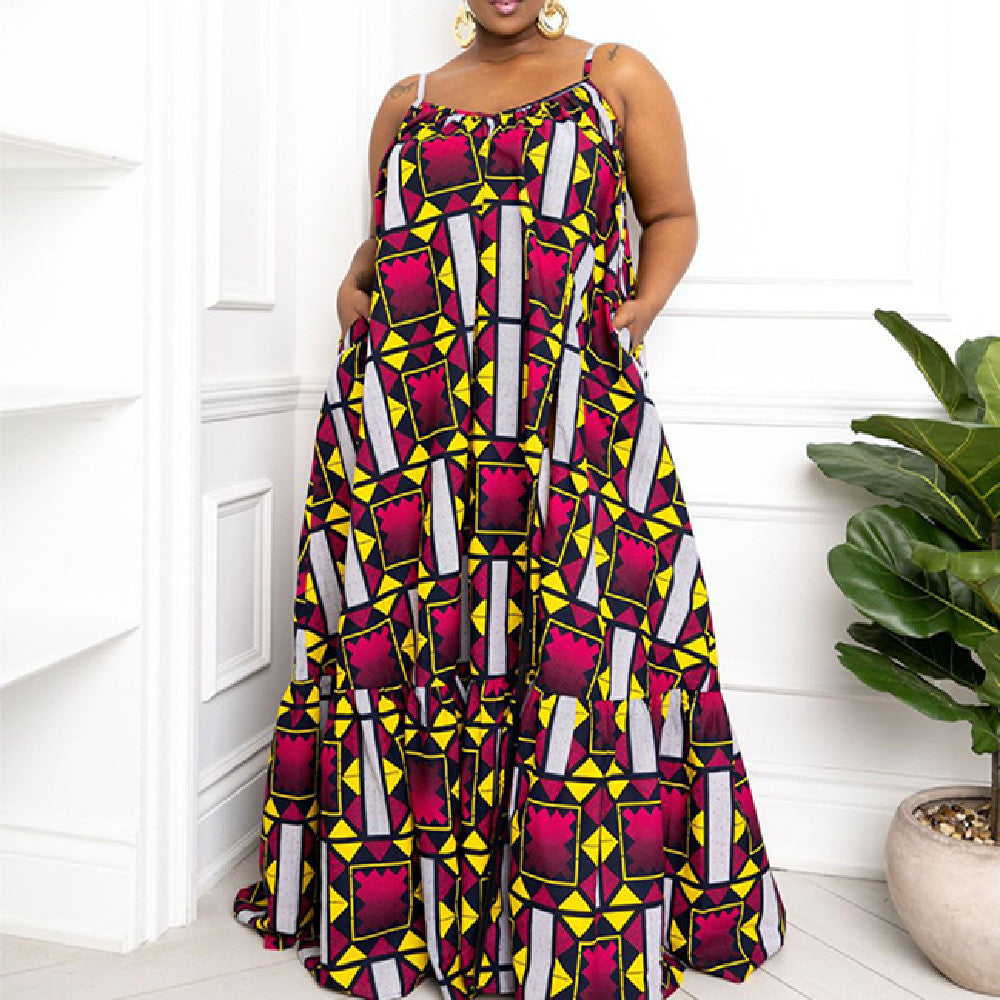 African's Strap Printed Holiday Big Hem Oversize Dress