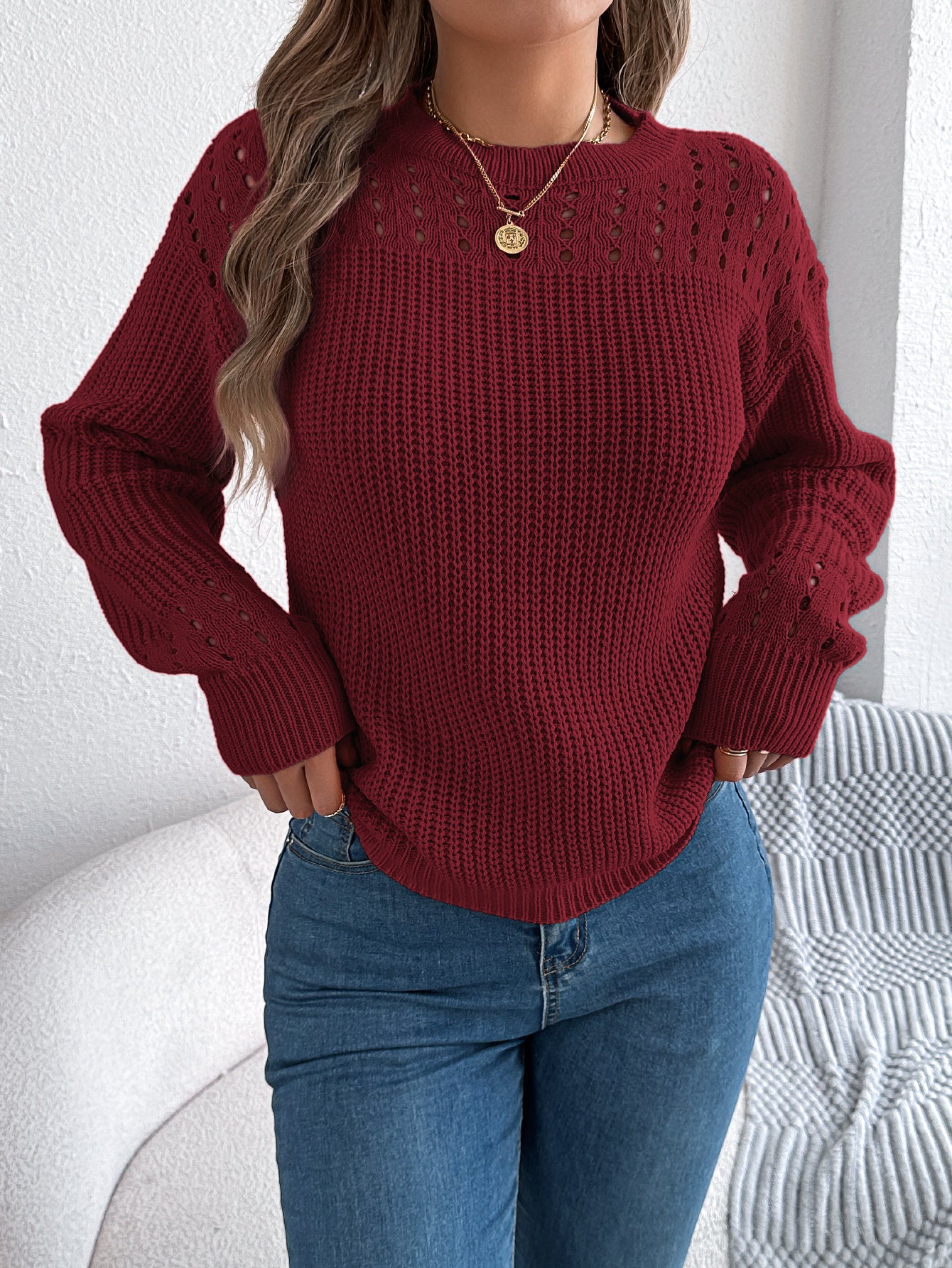 Women Casual Solid Color Hollow Out Lantern Sleeve Pullover Sweater