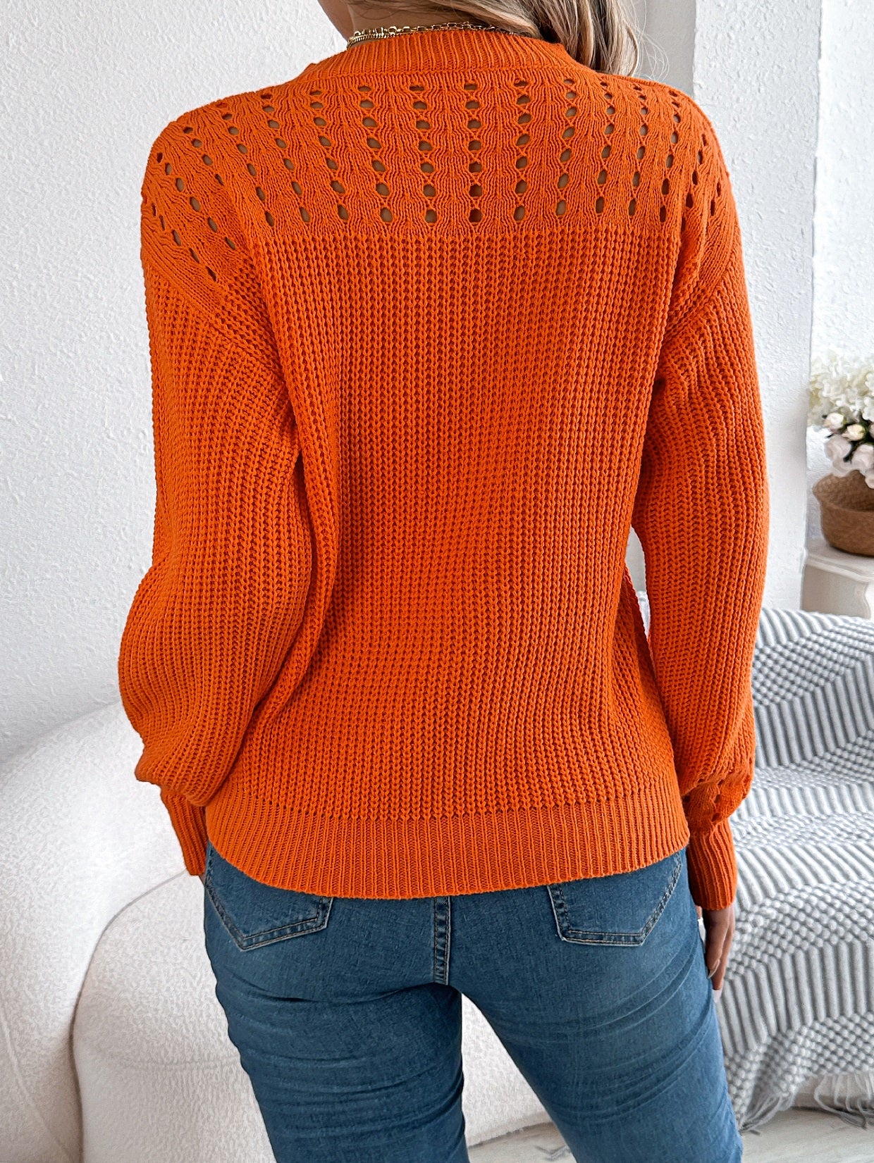 Women Casual Solid Color Hollow Out Lantern Sleeve Pullover Sweater