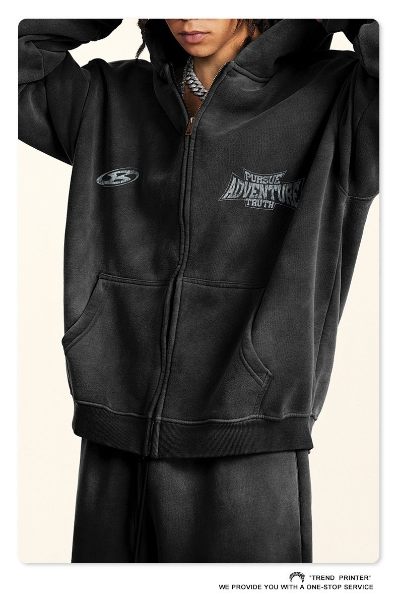 Retro Fashion Brand Dirty Dyed Distressed Oversize Loose Fleece Zipper Sweater