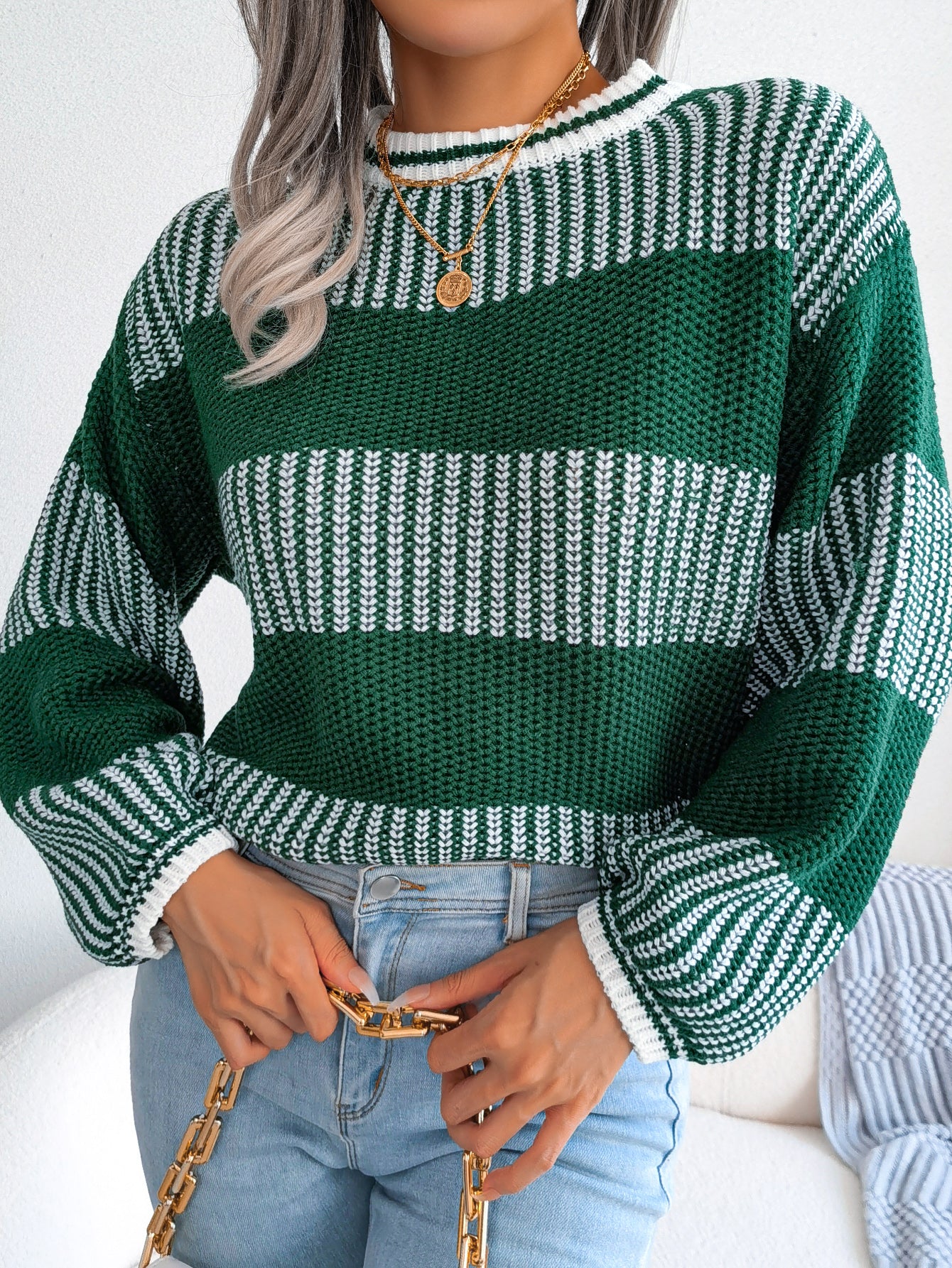Women Casual Color Block Stripe Long Sleeve Knit Sweater