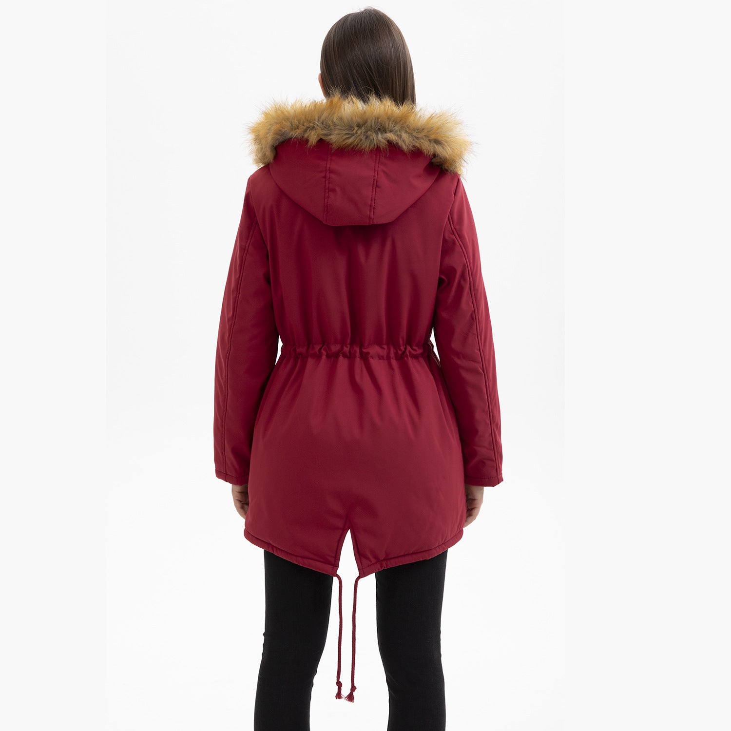 Hooded Women's Mid-Length Padded Coat with Fur Collar and Defined Waist