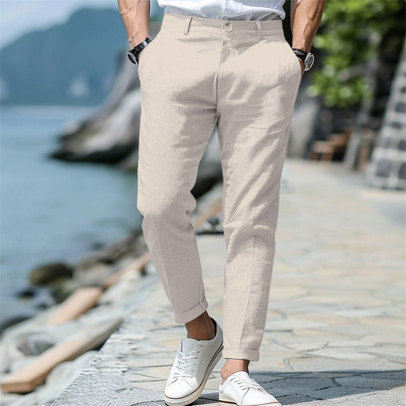 Men's Linen Summer Button Front Slant Pocket Straight-leg Trousers