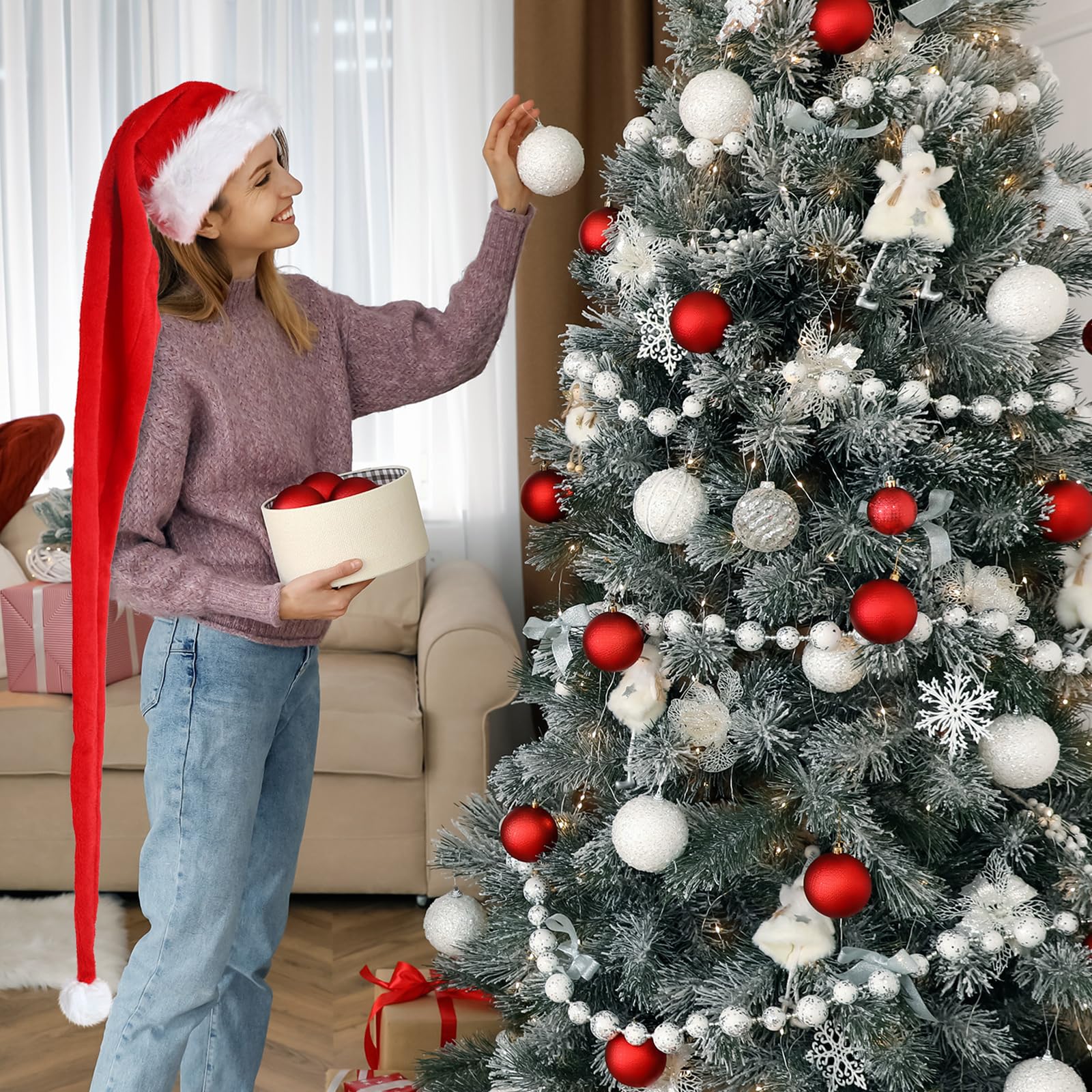 Extra Long Christmas Santa Hat Plush Christmas Decorations White Xmas Claus Cap for Party Costume