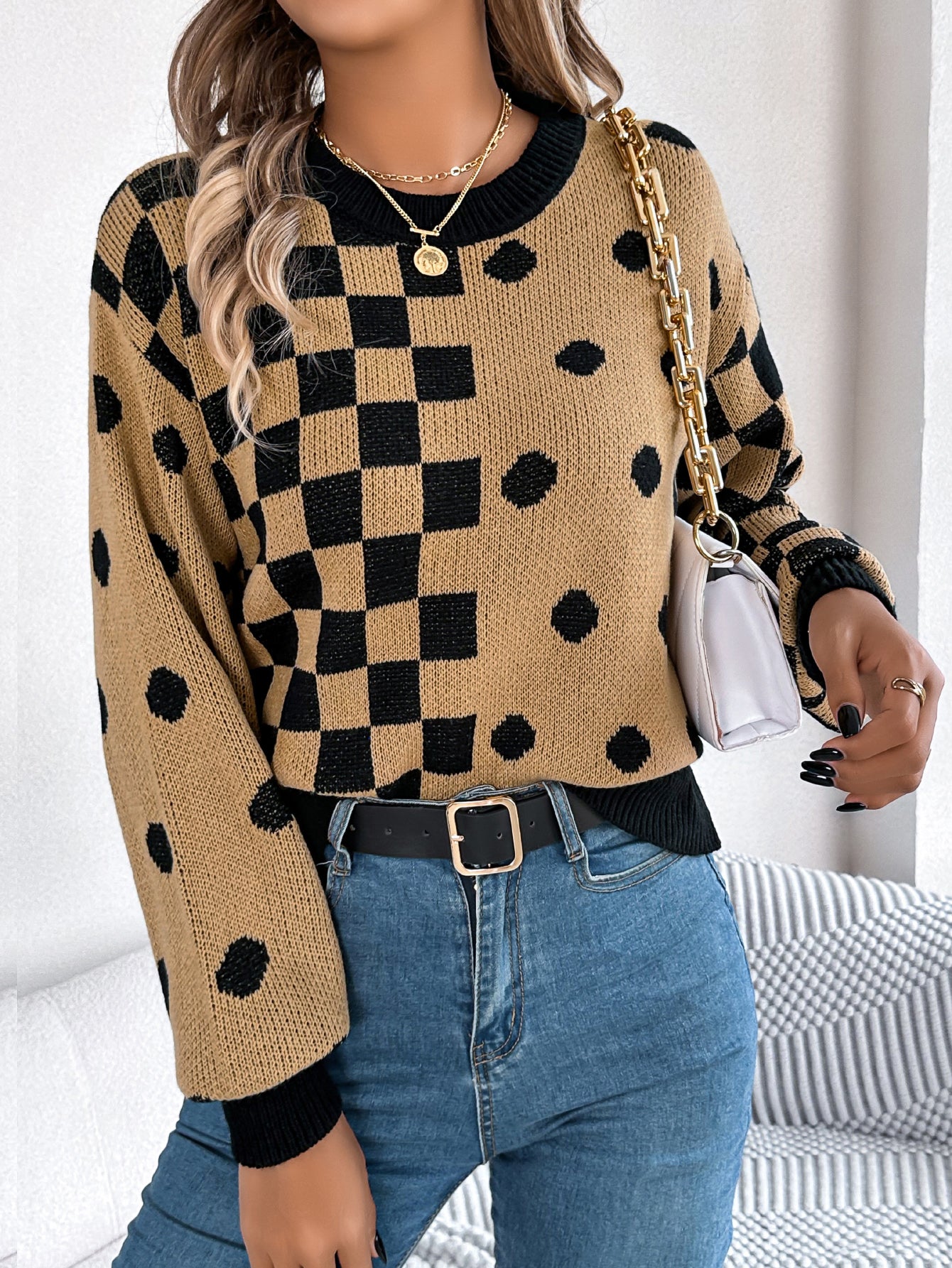Women Casual Color Block Polka Dot Plaid Lantern Sleeve Pullover Sweater