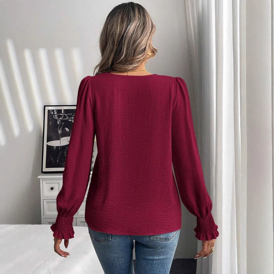 Casual Round Neck Solid Color Lantern Sleeve Shirt For Women