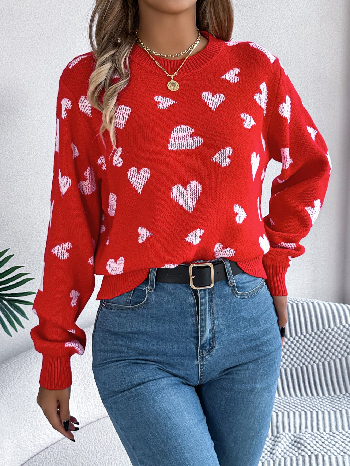 Women Casual Color Block Heart Lantern Sleeve Pullover Sweater