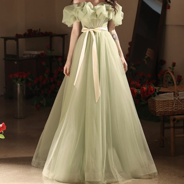 Green Off-shoulder Evening High-end Affordable Luxury Niche Dress