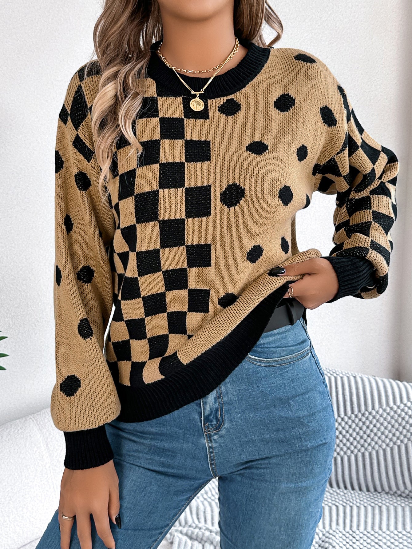 Women Casual Color Block Polka Dot Plaid Lantern Sleeve Pullover Sweater