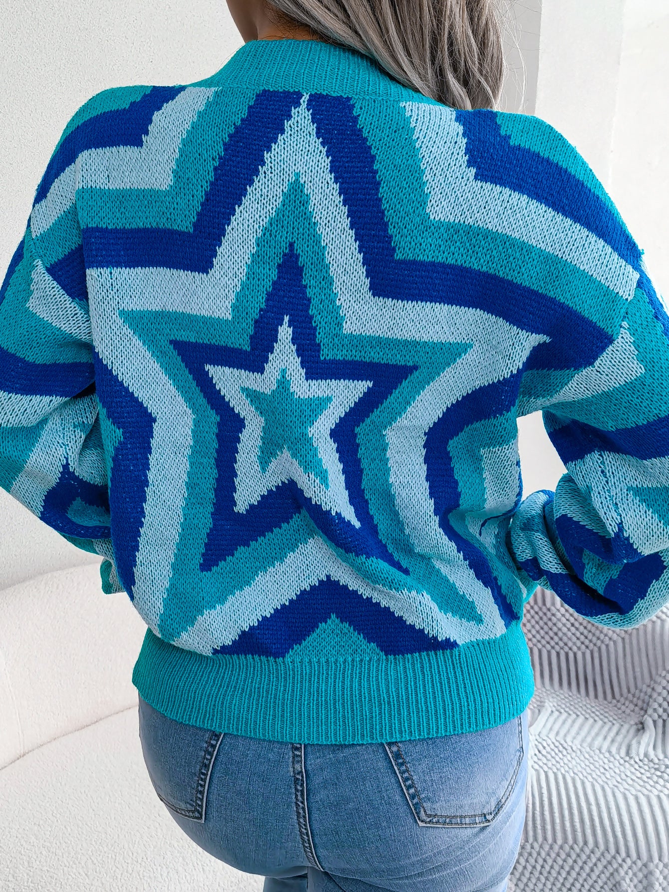 Women Fashion Color Block Star Long Sleeve Pullover Sweater