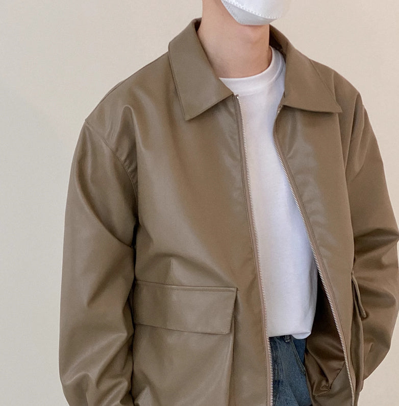 Large Pocket Zipper Leather Jacket for Men Spring and Autumn