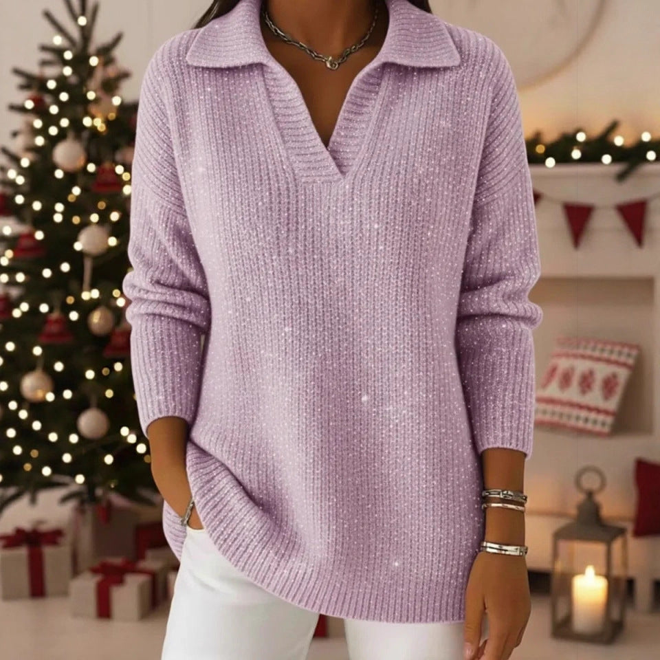 New Solid-color Long-sleeve Top Shimmering Sweater