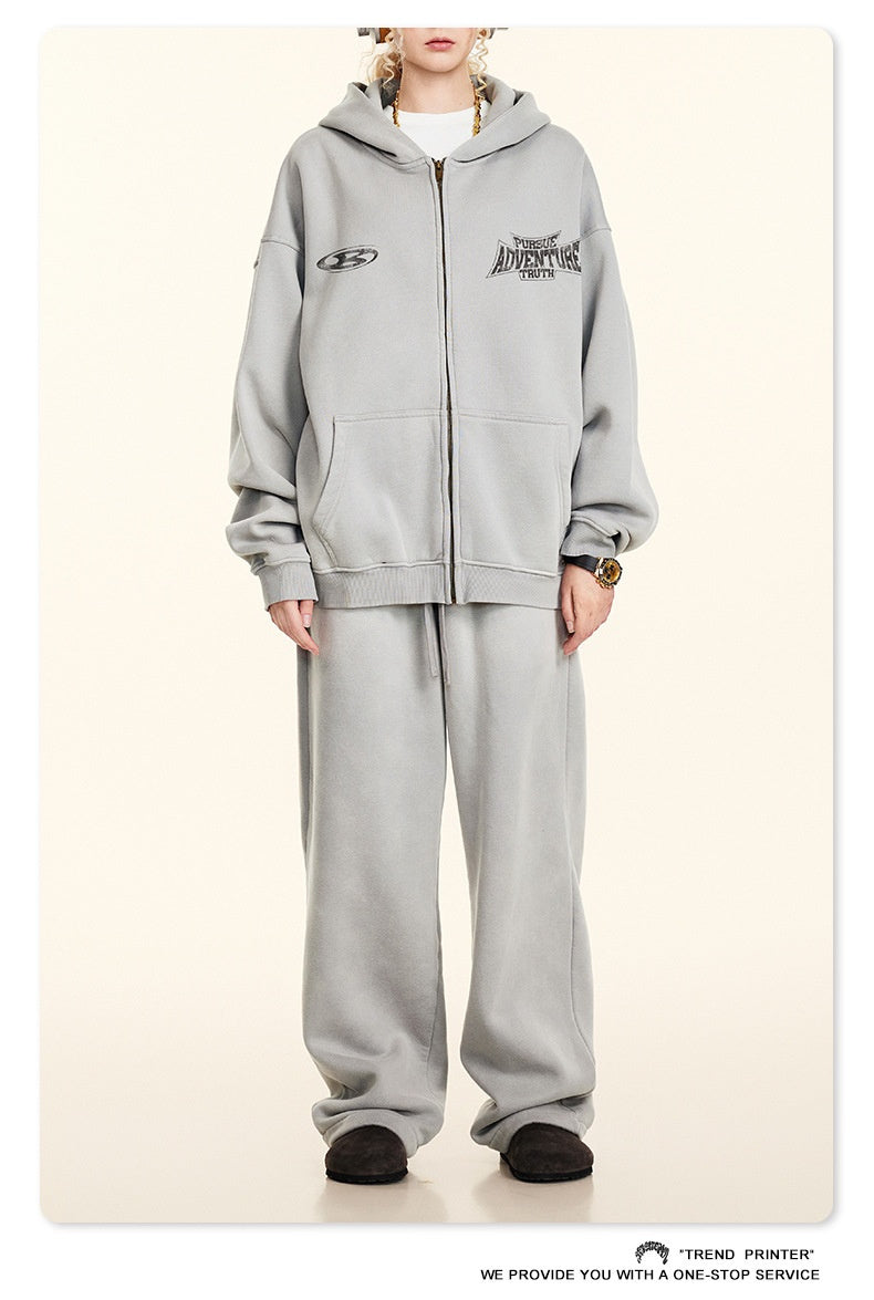 Retro Fashion Brand Dirty Dyed Distressed Oversize Loose Fleece Zipper Sweater