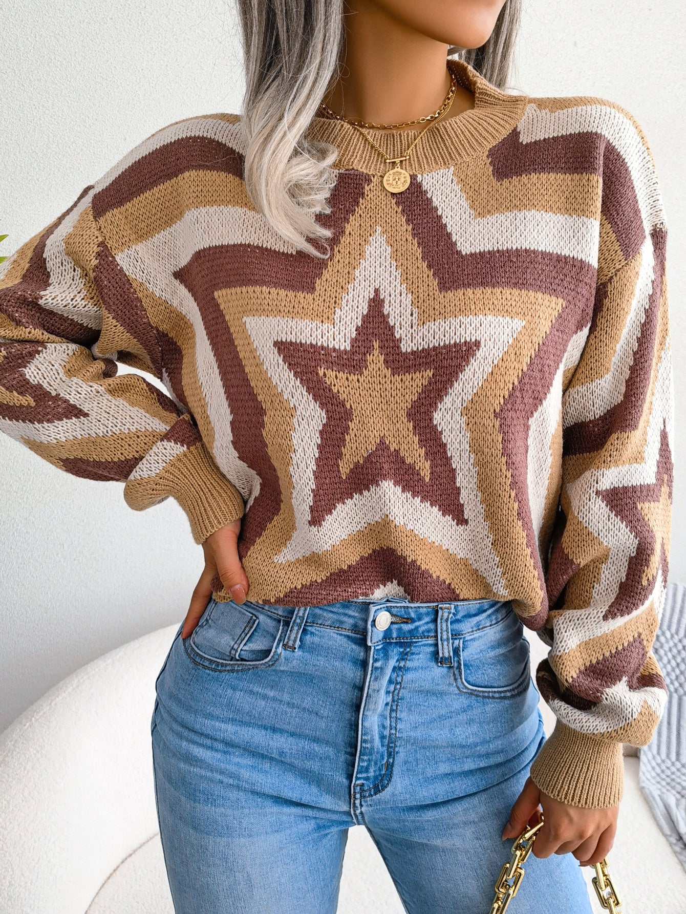 Women Fashion Color Block Star Long Sleeve Pullover Sweater