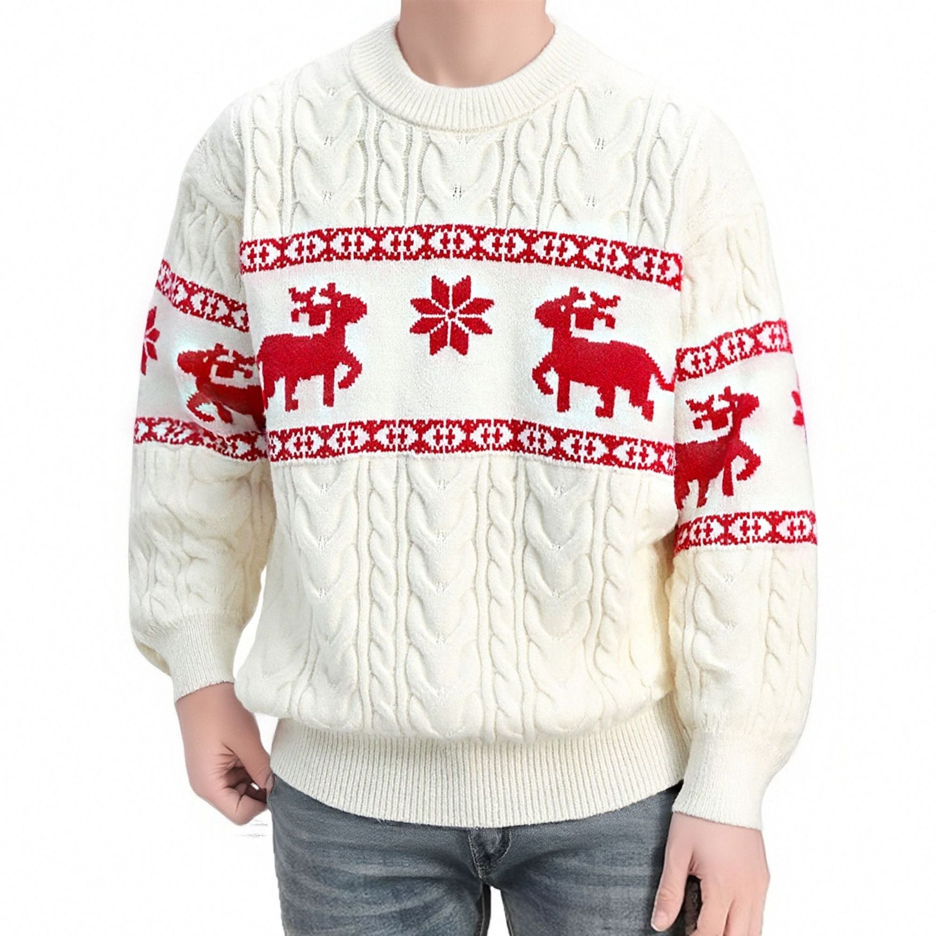 Winter Ugly Christmas Pullovers Sweater for Men Thick Warm Knitted Sweaters with Deer Christmas Holiday Round Neck Tops