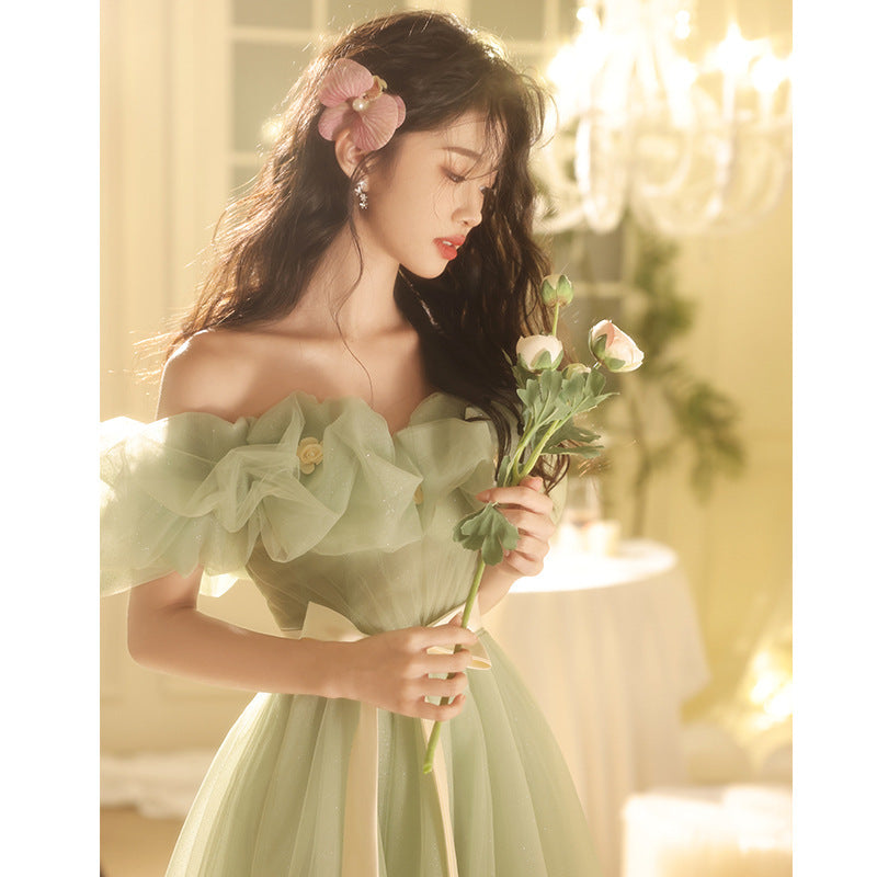 Green Off-shoulder Evening High-end Affordable Luxury Niche Dress