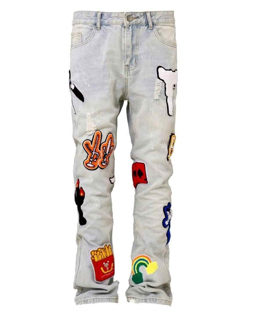 Light Color Irregular Towel Embroidered Slim Straight-leg Denim Trousers for men