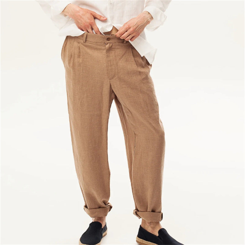 Linen Front Dart Diagonal Pocket Loose Straight Casual Breathable Trousers for men