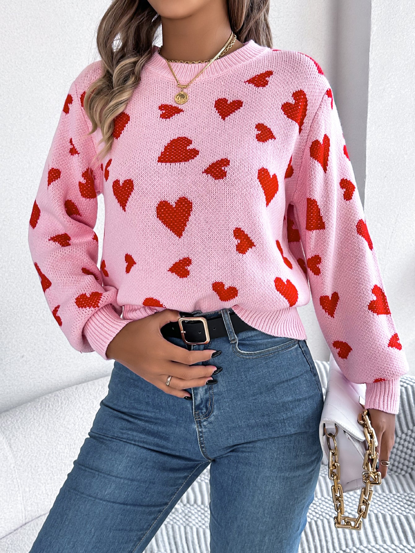 Women Casual Color Block Heart Lantern Sleeve Pullover Sweater