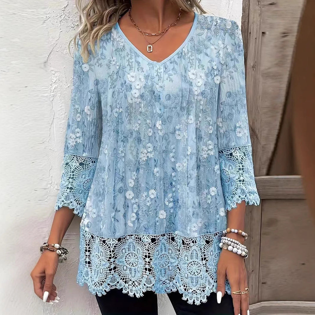 V-neck Lace Lace-collared Blouse for female