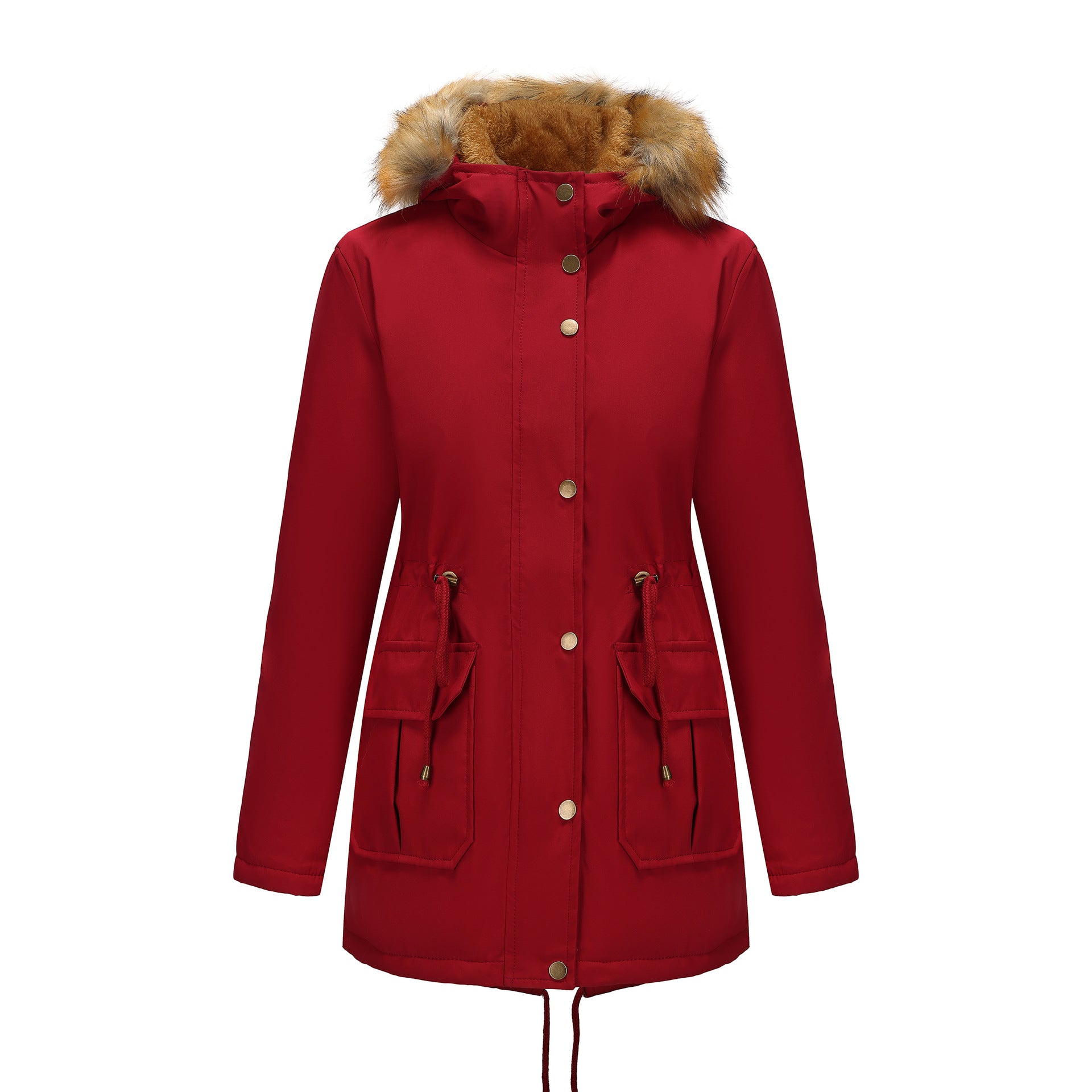 Hooded Women's Mid-Length Padded Coat with Fur Collar and Defined Waist