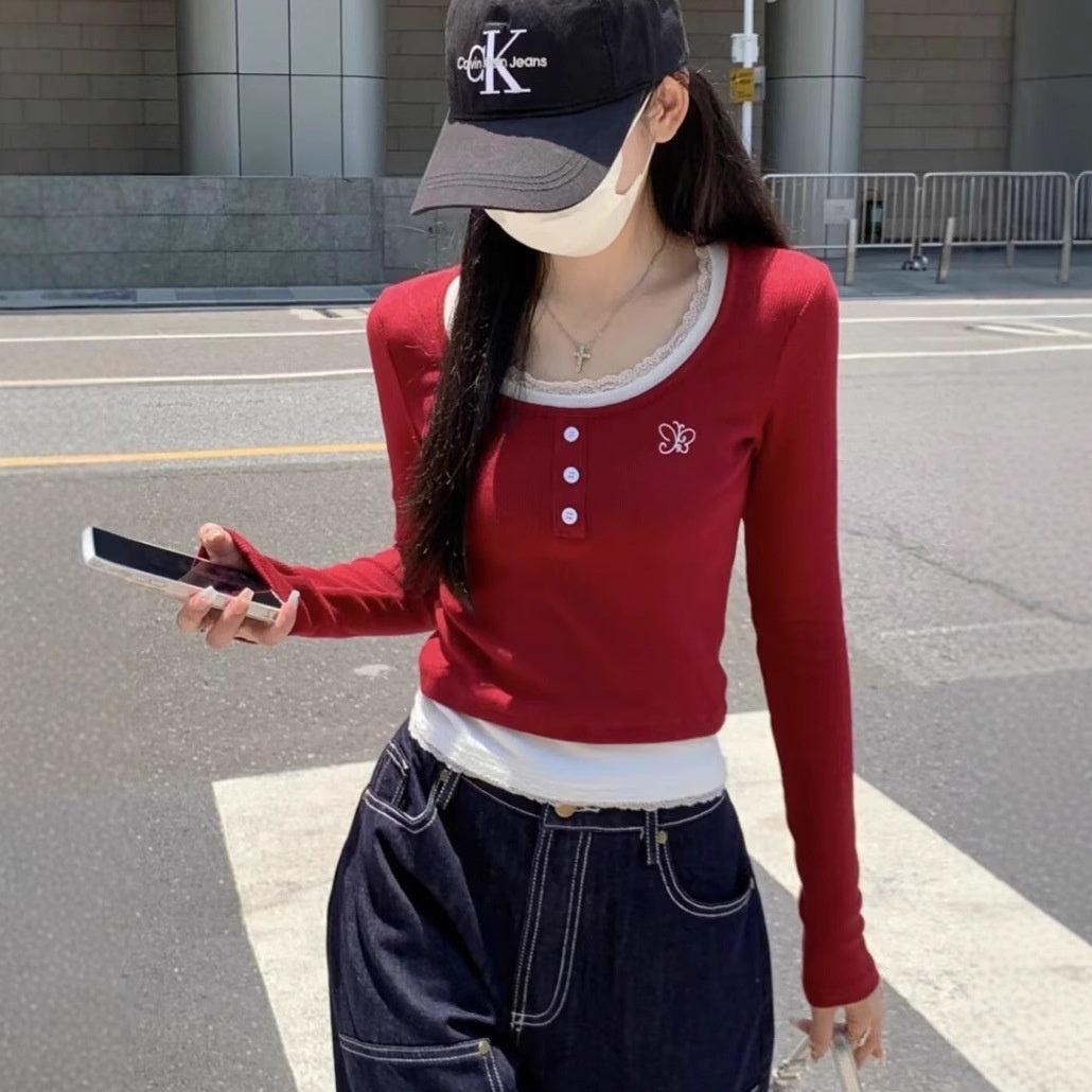 Contrast Color Round Neck Lace Edge Long Sleeve Short Top