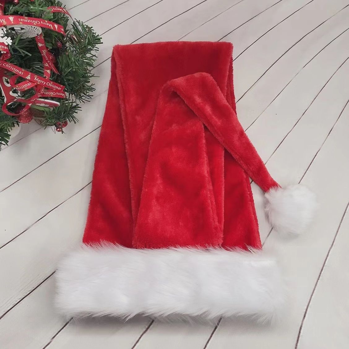 Extra Long Christmas Santa Hat Plush Christmas Decorations White Xmas Claus Cap for Party Costume