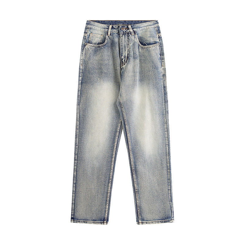 Simple Japanese-style Retro Pants Western Denim Wind Washed Distressed Loose Men's Straight-leg Pants