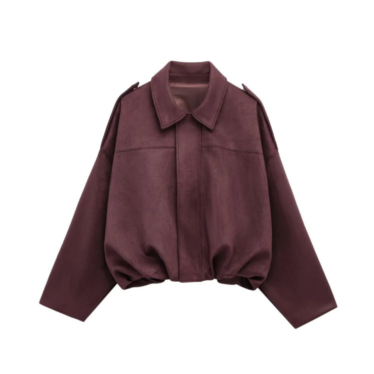 Women's Batwing Sleeve Lapel Suede Texture Effect Pilot Jacket