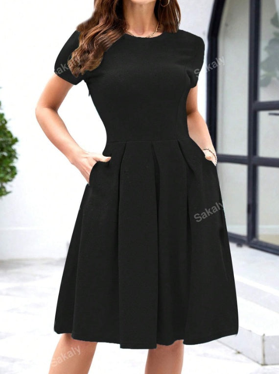 Solid Slant Pocket Fold Pleated Dress