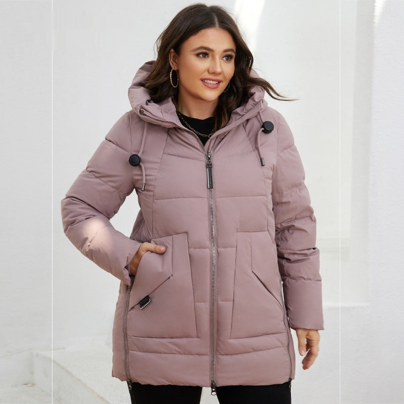 Fashionable Casual Winter Outerwear Cotton Padded Jacket with Hood and Zipper for women