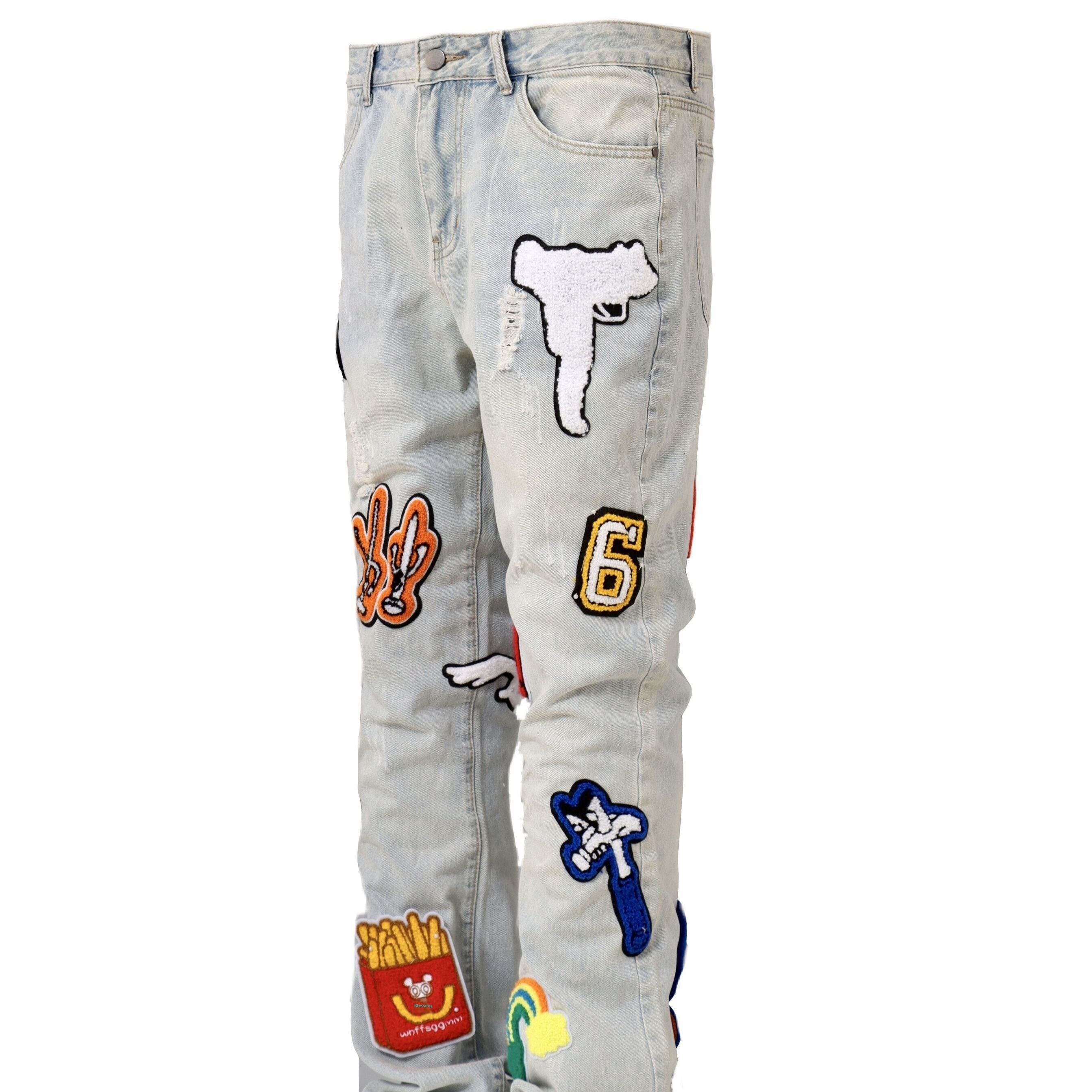 Light Color Irregular Towel Embroidered Slim Straight-leg Denim Trousers for men