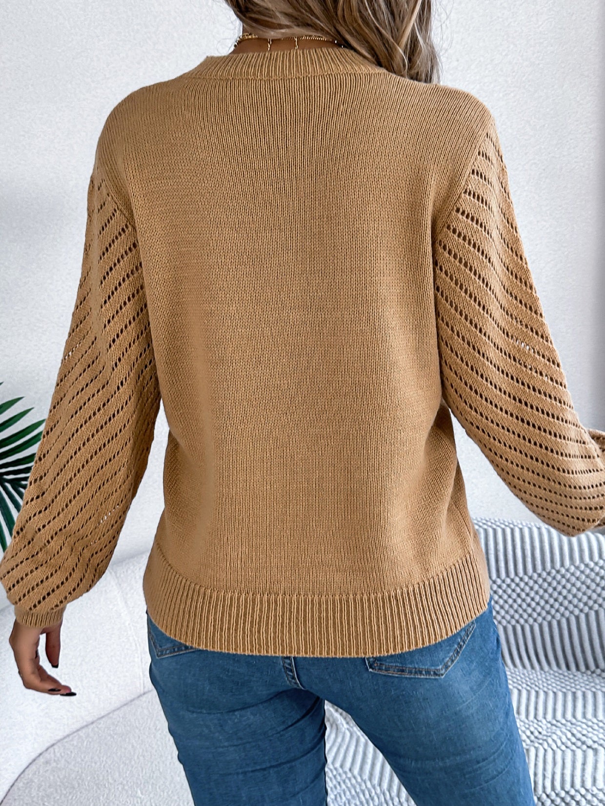 Women Casual Solid Color Crew Neck Hollow Out Lantern Sleeve Sweater