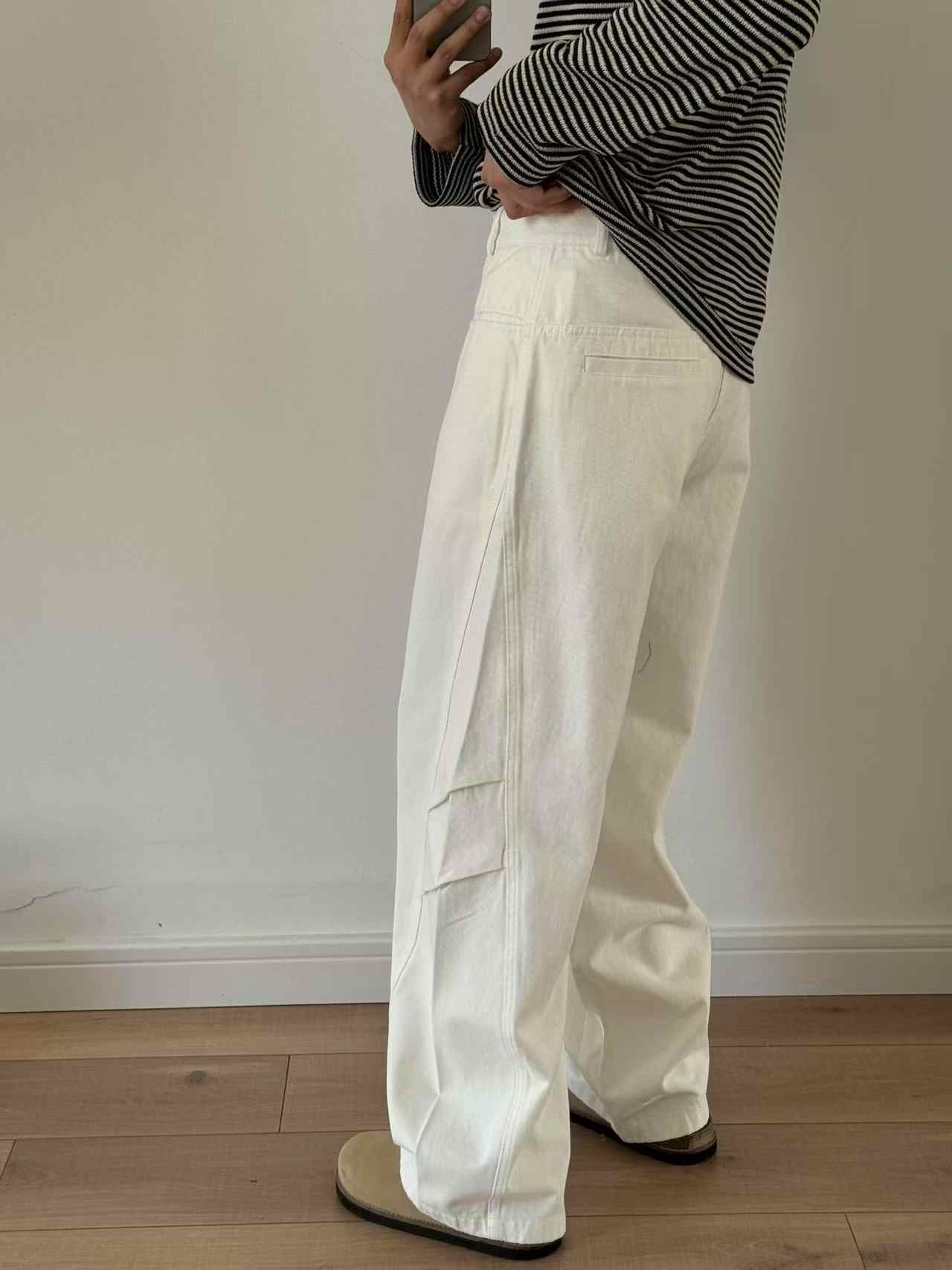 Three-dimensional Cut Pleated Washed All-match Matchet Pants White Uniform Casual Jeans for men