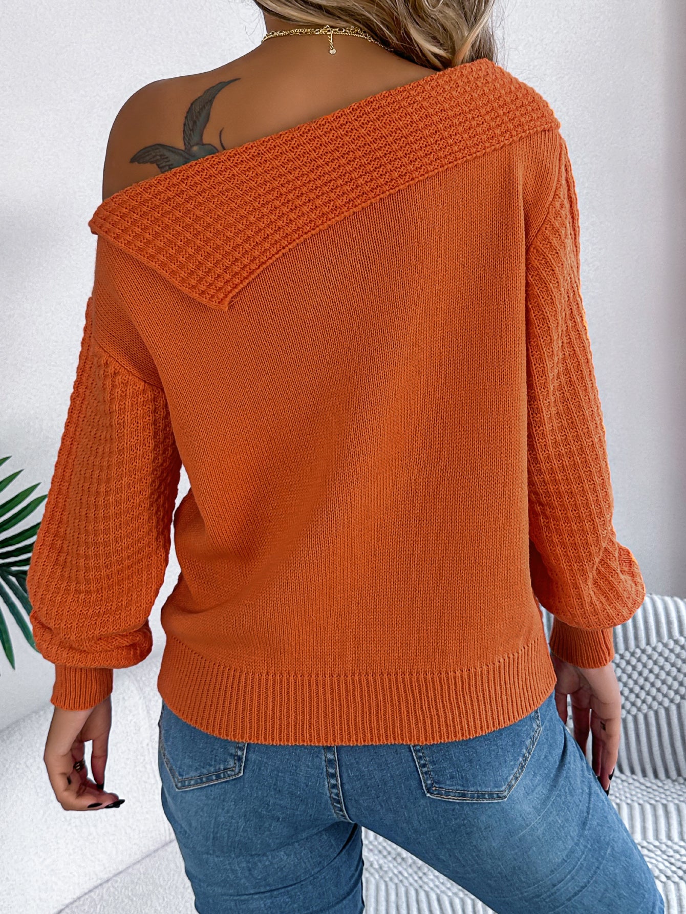 Women Casual Sexy Lapel Off-Shoulder Cable Knit Long Sleeve Pullover Sweater