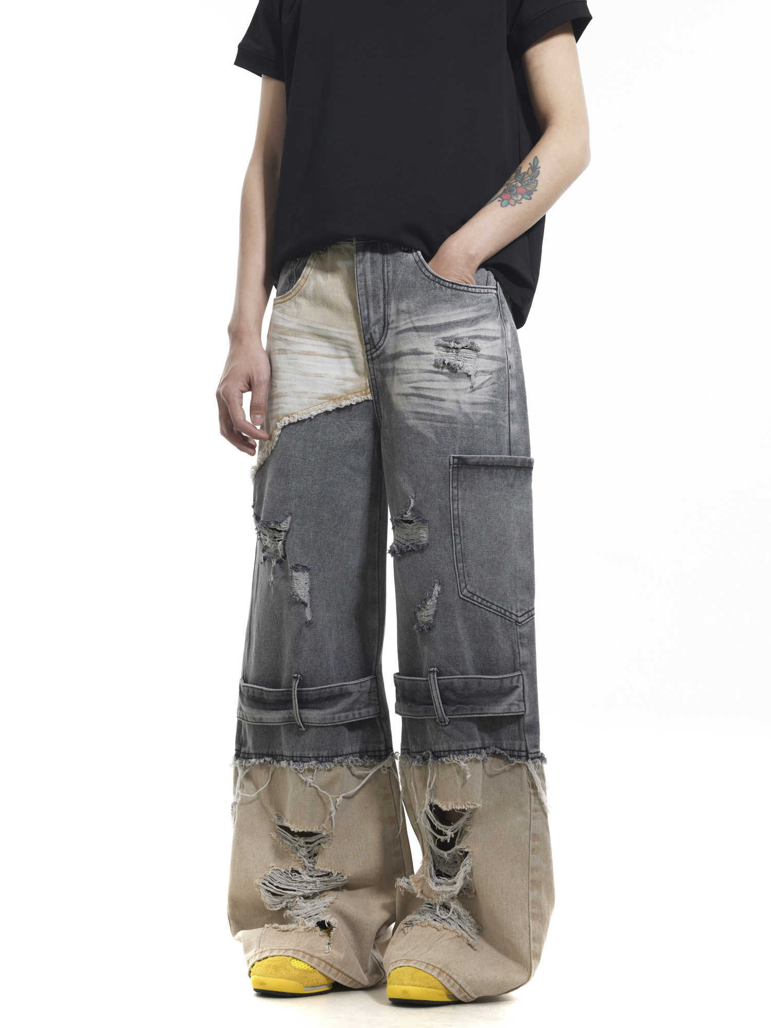 Niche Heavy Industry Washed Damaged Stitching Oversize Jeans for men