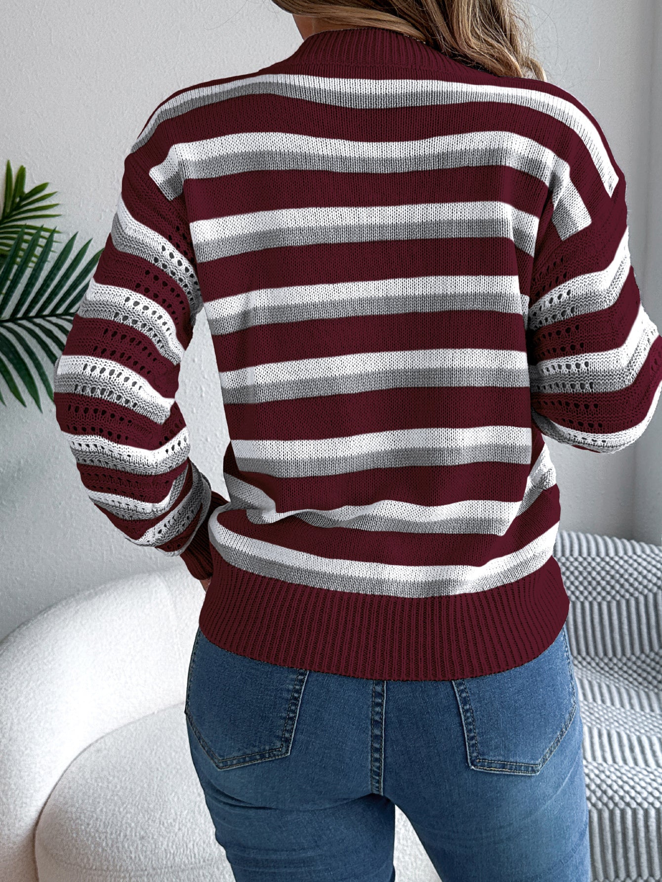 Women Casual Hollow Out Color Block Stripe Lantern Sleeve Pullover Sweater